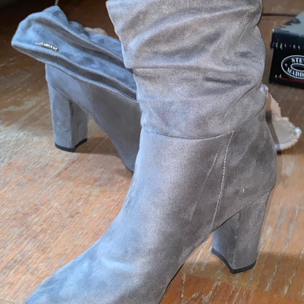 Gray Suede Chunky Heel Ankle Boots